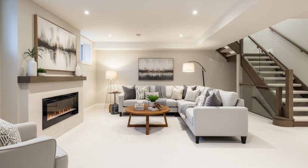 Cozy modern finished basement with sectional, fireplace, and staircase.