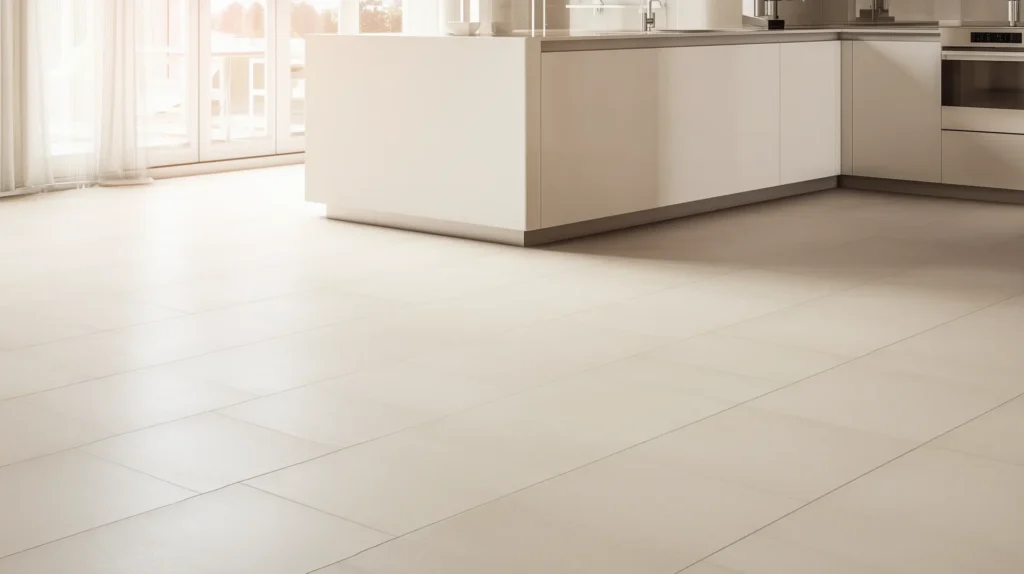 A bright, minimalist modern kitchen featuring large-format beige floor tiles and sleek, handleless white cabinetry under soft, natural light.