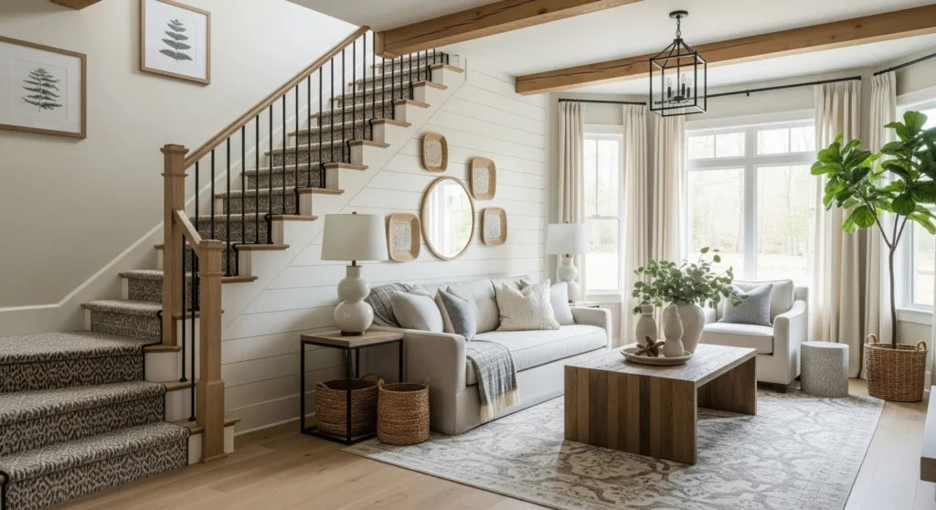 A bright, neutral-toned modern farmhouse living room featuring a wooden staircase with a patterned runner, a cream sofa, a rustic wood coffee table, and a shiplap accent wall decorated with a round mirror.