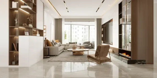 A modern, open-concept living room featuring large-format glossy floor tiles, a grey sectional sofa, built-in wooden display shelving with warm LED accent lighting, and a sleek linear fireplace.