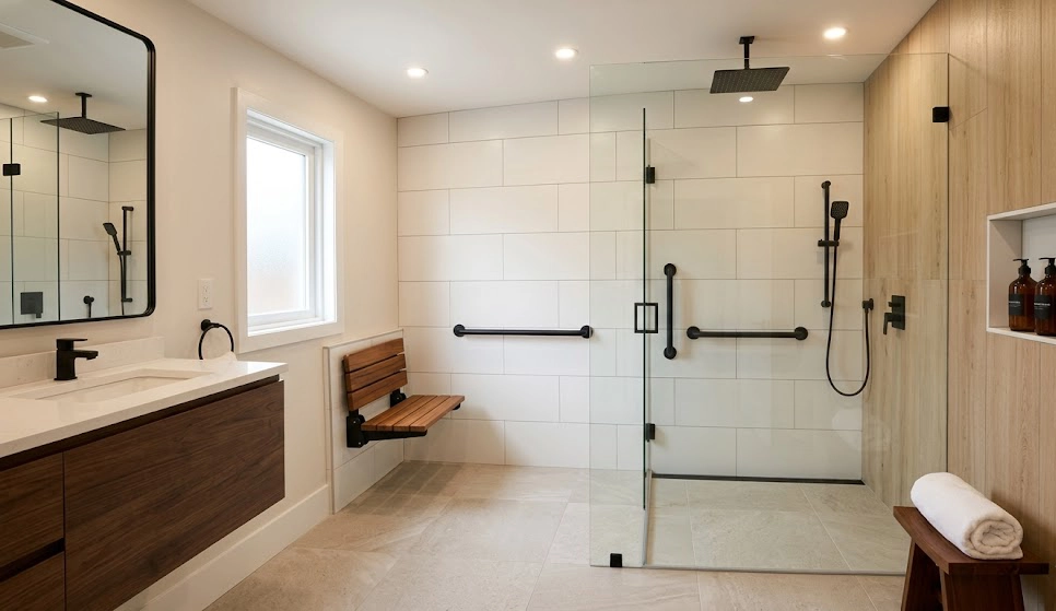 Modern aging-in-place shower design with curbless entry, fold-down teak bench, matte black grab bars, and non-slip porcelain tile, Castle Floors Mesa AZ