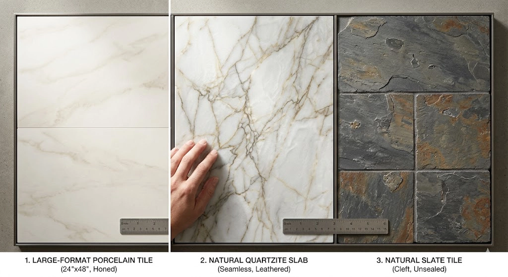 Shower wall tile comparison showing large-format porcelain, natural quartzite, and slate tile options for custom showers in Mesa AZ