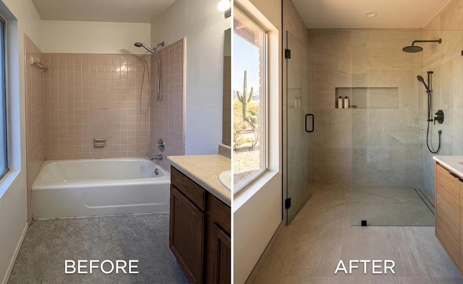 Before and after tub-to-shower conversion in a Mesa Arizona ranch-style home, featuring custom porcelain tile and frameless glass by Castle Floors