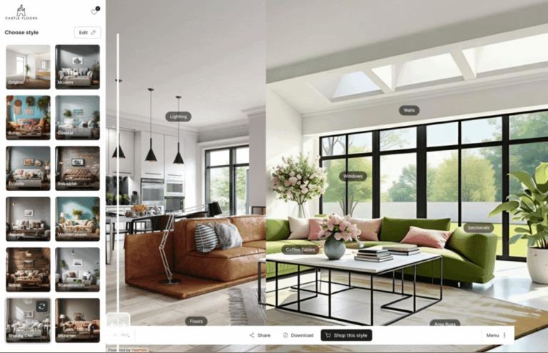 Interactive room visualizer interface showing customizable interior design styles and decor tags.