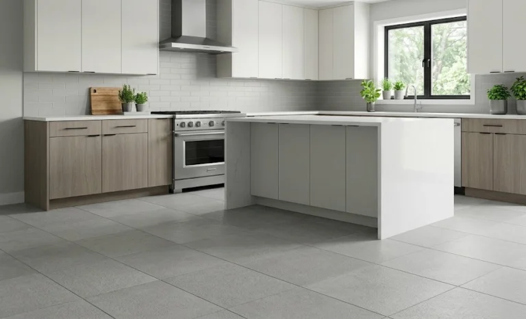 A modern L-shaped kitchen with large grey floor tiles, two-tone cabinetry, and a central waterfall island. Features a stainless steel pro range, hood, and numerous potted herbs.
