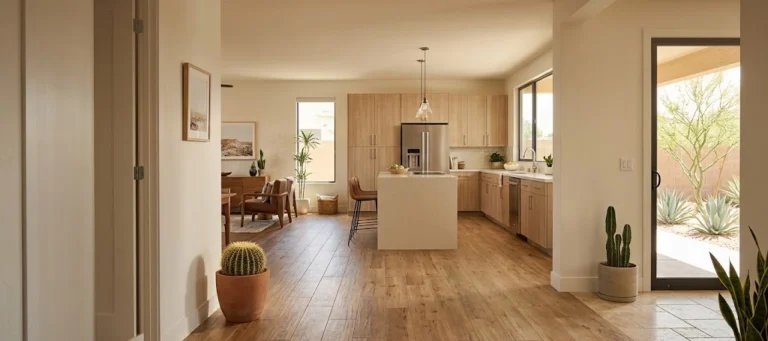 A modern open-plan home interior with a large potted barrel cactus.