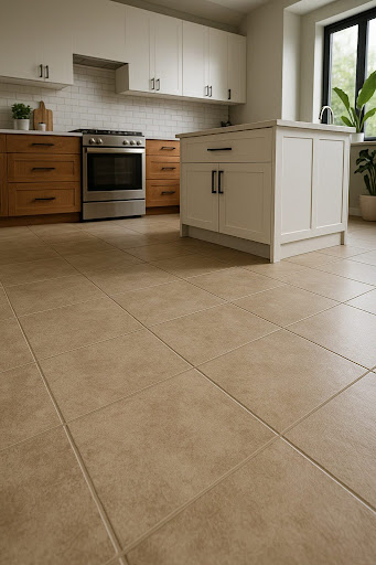 Low-angle view of a modern kitchen featuring large beige square floor tiles, a white central island, and two-tone cabinets with white uppers and warm wood lowers.