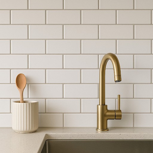Brushed brass kitchen faucet over a sink against subway tiles.