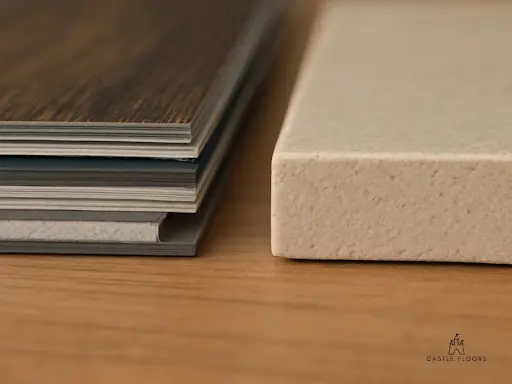 A close-up comparison of different flooring material samples showing their thickness and layers.
