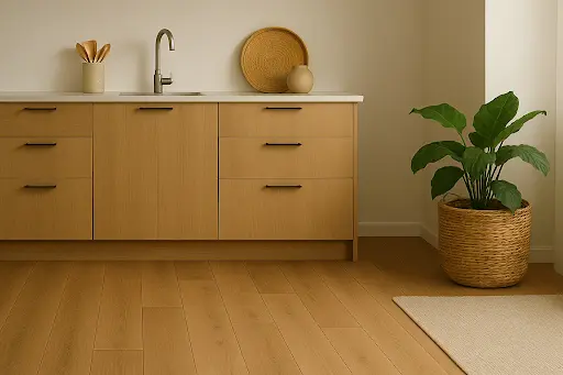 A minimalist kitchen featuring light wood cabinets, a white countertop, and a large potted plant in a woven floor basket.
