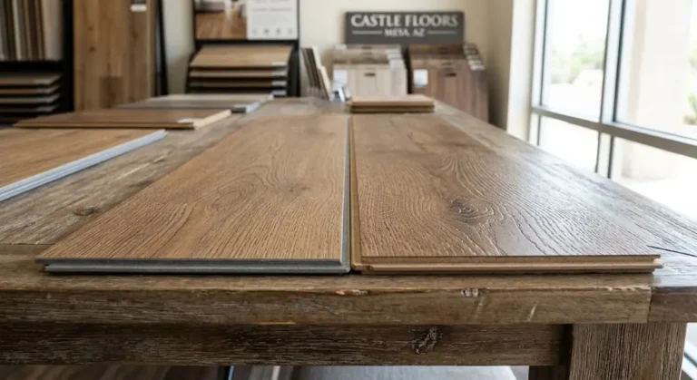 LVP flooring plank versus laminate flooring plank comparison at Castle Floors showroom Mesa Arizona
