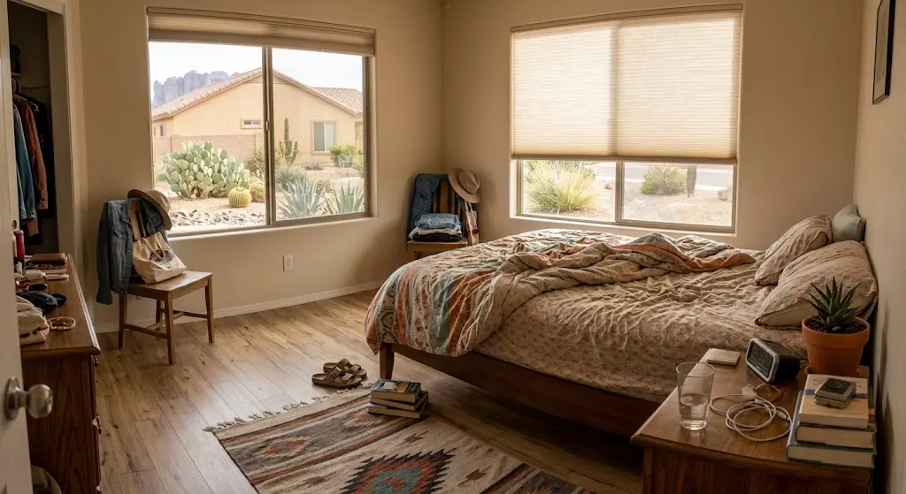 Laminate flooring in a shaded Mesa Arizona bedroom showing appropriate climate-matched use environment